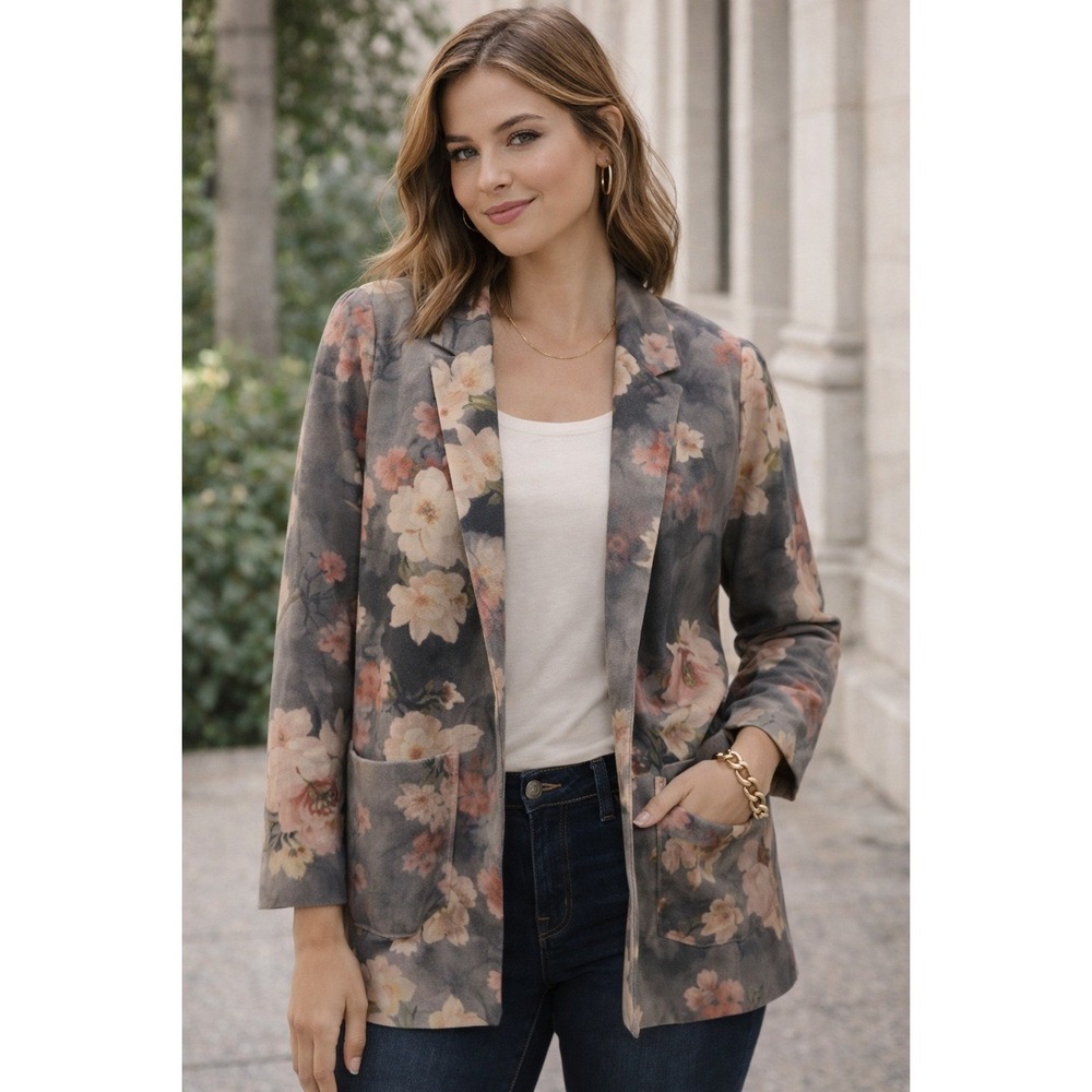Soft Surroundings Floral Faux Suede Open Front Draped Jacket Boho Size Large